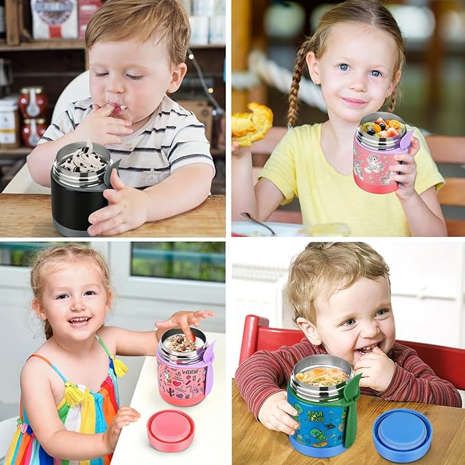 10oz Soup Thermo for Hot Food Kids,Lunch Thermo Kids Food Jar with Spoon Hot Insulated Food Containers,Leak Proof Stainless Steel Wide Mouth Lunch Food Thermo Jar for School(Blue-Dinosaur)