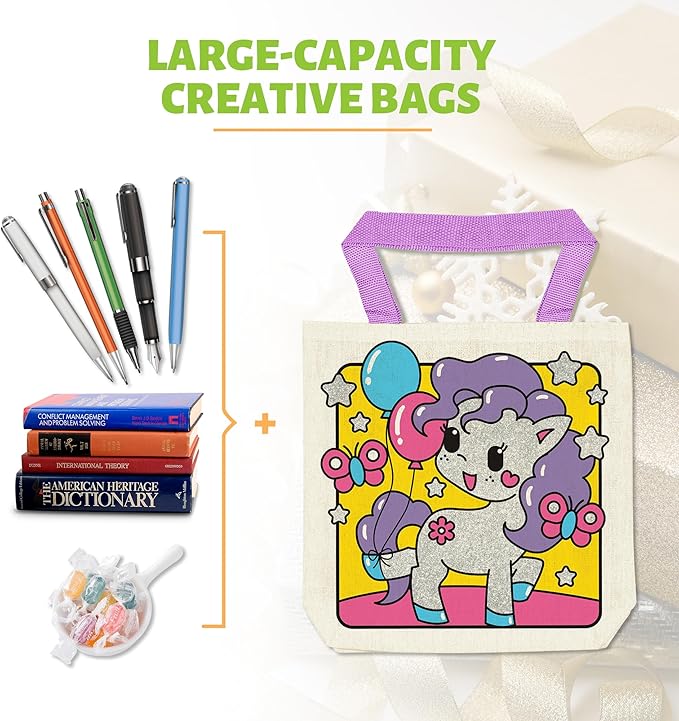 12 Pieces Kids Coloring Goodie Bags, Reusable Canvas Bag, Cute Art Party Favors, Color Your Own Bags for DIY Painting Birthday Carnival Celebration, Party Supplies Gift, Girls and Boys