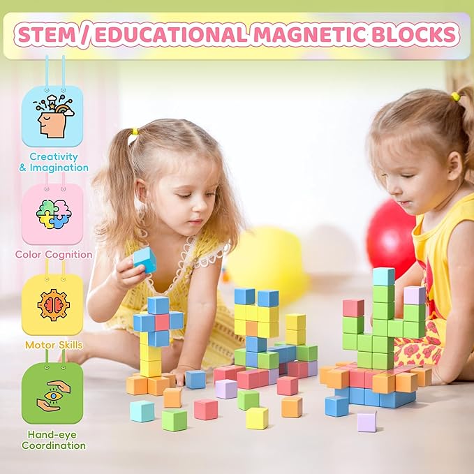 115PCS Magnetic Blocks Set, Magnet Building Blocks with Toy Figurine and Storage Bag for Kids Gifts, STEM Educational Preschool Sensory Toys for Toddlers Boys Girls Ages 3 4 5 6 7 8 +(Macaron Color)