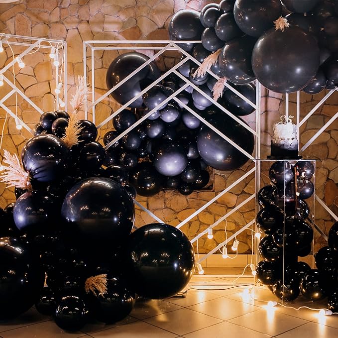 RUBFAC Black Balloons for Balloon Arch 129pcs Different Sizes Pack of 18 12 10 5 Inch Garland Kit, Latex Balloons for Halloween Party Decorations Birthday Wedding Decor