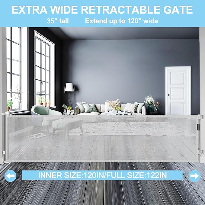120 Inch Retractable Baby Gates Extra Wide Baby Gate Retractable Dog Gates for The House Extra Wide Dog Gate Extra Long Baby Gates for Large Opening Extra Large Pet Gate Child Gate (Light Gray)