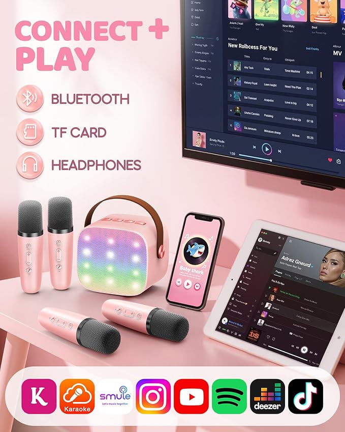 YLL Mini Karaoke Machine for Kids Adults: Portable Loud Speaker with 4 Wireless Microphones -Most Popular Birthday Party Gifts for Girls Boys 3, 4, 5, 6, 7, 8, 9, 10+ Year Old Toys (Pink-4 Mics)