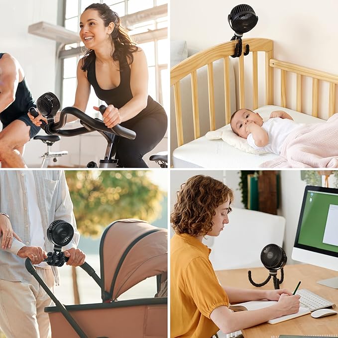 Momcozy Portable Stroller Fan, 8000mAh, 27H Ultra-long Battery Life, Detachable 4 Speed 360°Rotate, LED Night Light with 2 Modes, USB Rechargeable Handheld Cooling Fan for Travel, Car Seat, Bedroom