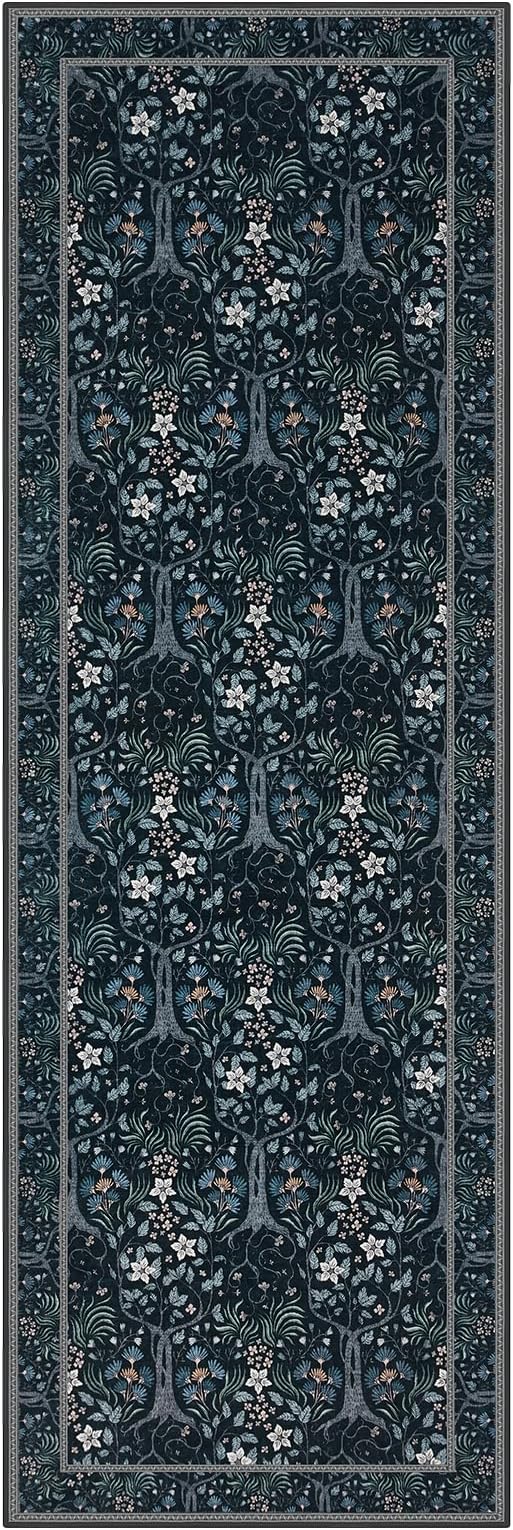 Joydeco Floral Washable Runner Rug for Kitchen, Forest Hallway Rug Runner 2x6 Non Slip, Boho Botanical Ultra-Thin Soft Indoor Floor Throw Carpet for Bathroom Entryway Foyer, Blue-Black