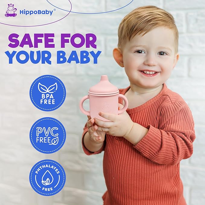 Silicone Transition Sippy Cup for 6+ month old | Includes 1 Toddler straw cup & 1 Baby Sippy Cup with Handles 5 oz | Perfect for Baby Led Weaning (Cream/Rose Quartz, 5 oz)