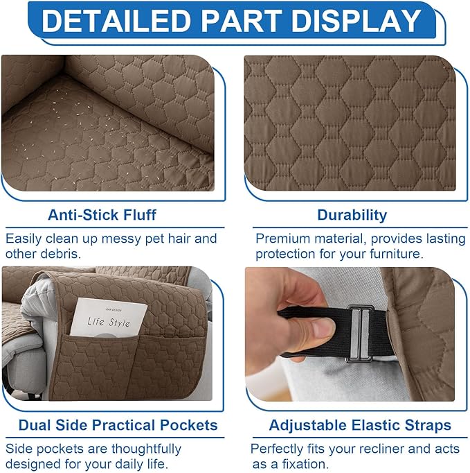 100% Waterproof Recliner Chair Covers That Stay in Place, Non Slip Recliner Cover with 5 Pockets, Elastic Straps, Washable Reclining Chair Protector for Kids, Pets, Dogs, Khaki