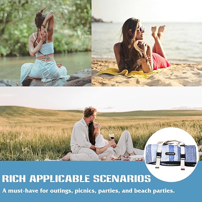 Waterproof Picnic Mat, Outdoor Camping Oversized Field Blanket. Portable Thickened Camping Blanket, Suitable for Beach, Camping, Music Festival, Party, Outdoor Adventure. (Blue & White, 80”x60”)