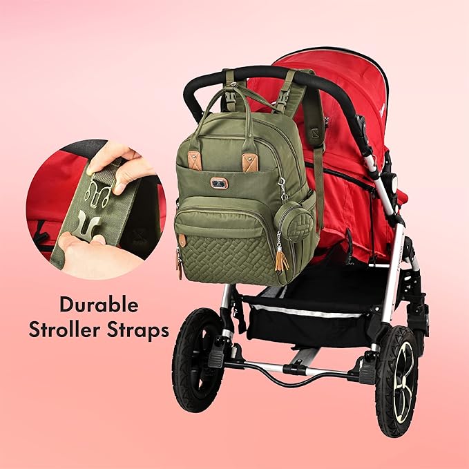 Dikaslon Diaper Bag Backpack with Portable Changing Pad, Pacifier Case and Stroller Straps, Large Unisex Baby Bags for Boys Girls, Multipurpose Travel Back Pack Moms Dads, Green