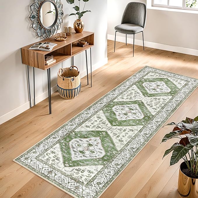 Lahome Boho Green Hallway Runner - 2x6 Washable Kitchen Runner Rug Non-Slip, Ultra-Thin Vintage Print Carpet Rug for Entryway Bedroom Laundry Room (Green, 2'x6')