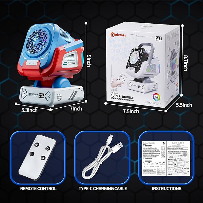 2025 Upgraded Bubble Machine with Remote Control, Automatic Rotation & RGB Lights, 1800mAh Rechargeable Battery, Type-C Charge, Bubble Maker for Kids, Weddings, Birthday Parties, Outdoor Activities