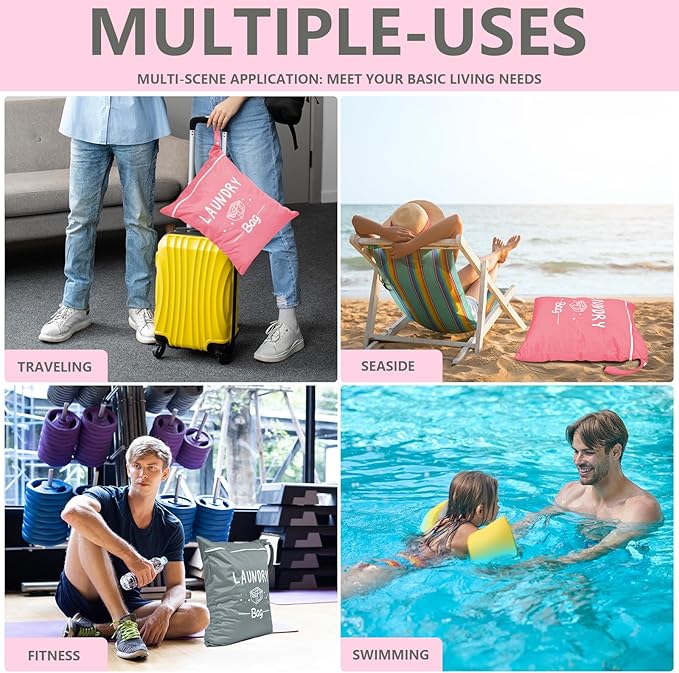 2 Pcs Large Travel Laundry Bag - Waterproof Wet Dry Washable for Dirty Clothes, Bathing Suit, Workout, Gym, Swimming, Yoga (Pink+Grey)