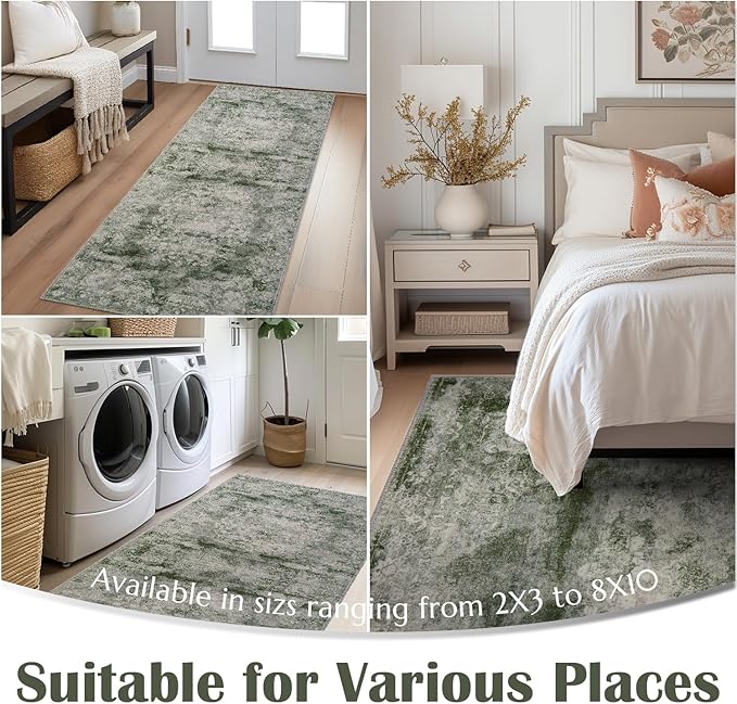 jinchan Green Floral 2x3 Rugs for Entryway - Vintage Washable Area Rug Ultra-Thin Low-Pile Soft Small Non-Slip Distressed Doormat for Entrance Kitchen Bedroom Bathroom (2x3ft,Forest Green)