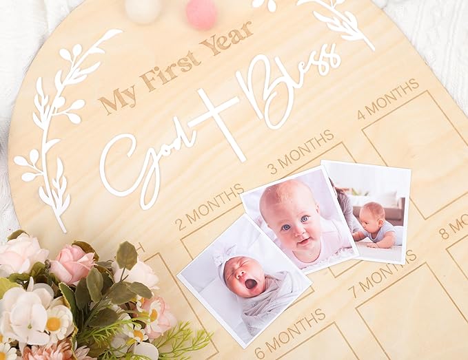 God Bless My First Year Photo Board - 1st Holy Communion Monthly Photos Display,God Bless 1 To 12 Months Photo Wooden Board,Baby Baptism Party Milestone Photos,Wooden Cross Photo Board (God Bless)
