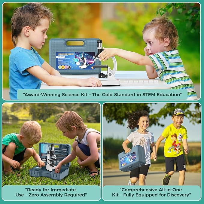 2400X Kids Microscope Science Kit - Handheld Microscope for Kids with Prepared Slides Metal Body LED Light Carrying Box Educational Compound Toy Set for Children Ages 8-12 5 Year Old Boys & Girls Gift
