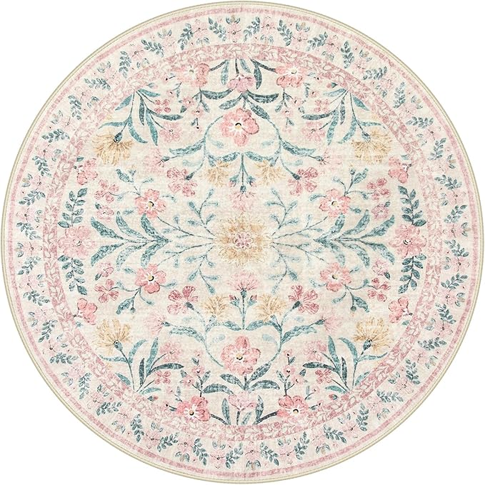 Wonnitar Pink Floral Round Rugs 5ft, Soft Circle Rug Non Slip Washable Round Carpet, Boho Non-Shedding Flower Distressed Circle Carpets for Bedroom Girls Room Nursery