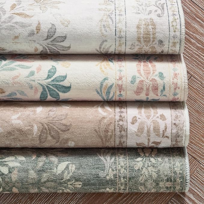 jinchan Hallway Runner Rug 2x8 Vintage Floral Distressed Design - Machine Washable Non-Slip Low-Pile Soft Thin Faux Wool Kitchen Carpet for Farmhouse Bedroom Laundry Room(2x8ft,Light Grey)