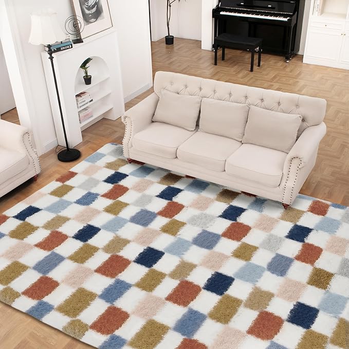 Super Soft Rug for Bedroom, 6x9 Ft Rainbow Area Rug Classic Checkered Shaggy Rug Anti-Skid High Pile Soft Fluffy Fuzzy Carpet for Living Room Bedroom Kids Room Nursery, Dorm Home Decor