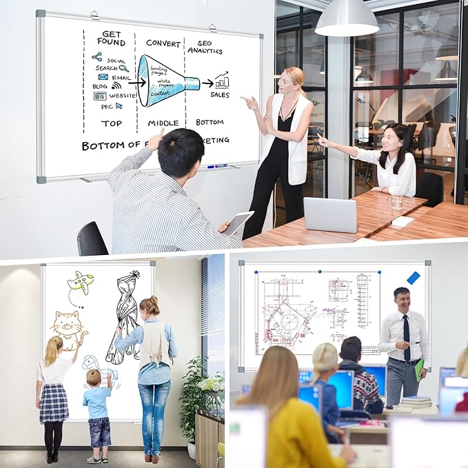 H-Qprobd 6'x4' Large Magnetic White Board Dry Erase Whiteboard with Aluminum Frame, 72"X48" Hanging White Boards for Wall with Long Pen Tray, Presentation Board for Office Classroom Home