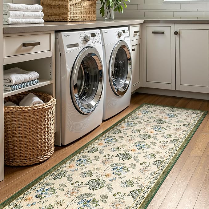 jinchan 2x5 Floral Runner Rug for Hallway Washable Kitchen Runner Vintage Romance Design Non Slip Thin Indoor Floor Cover Low-Profile Throw Carpet for Entryway Bathroom Bedroom Porch, Green/Beige