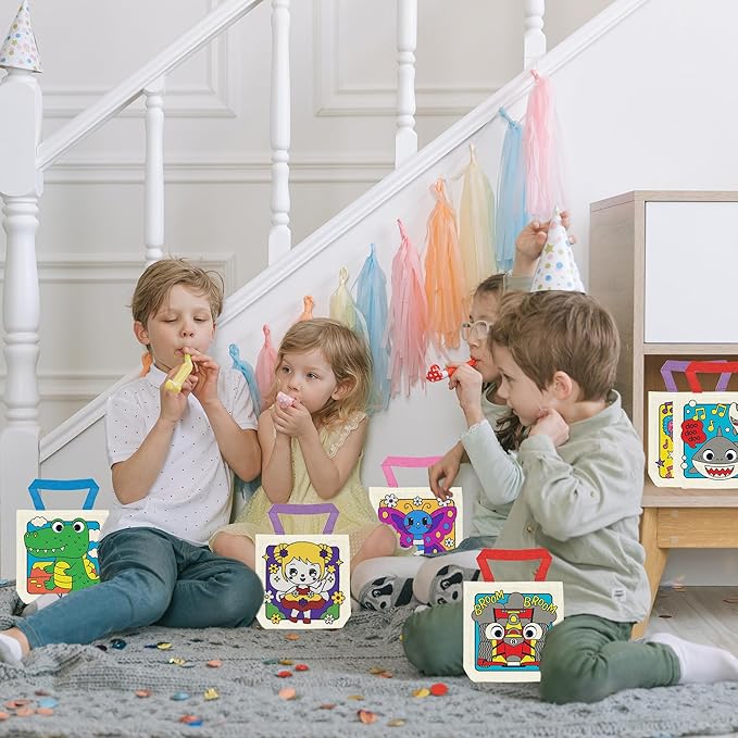 12 Pieces Kids Coloring Goodie Bags, Reusable Canvas Bag, Cute Art Party Favors, Color Your Own Bags for DIY Painting Birthday Carnival Celebration, Party Supplies Gift, Girls and Boys