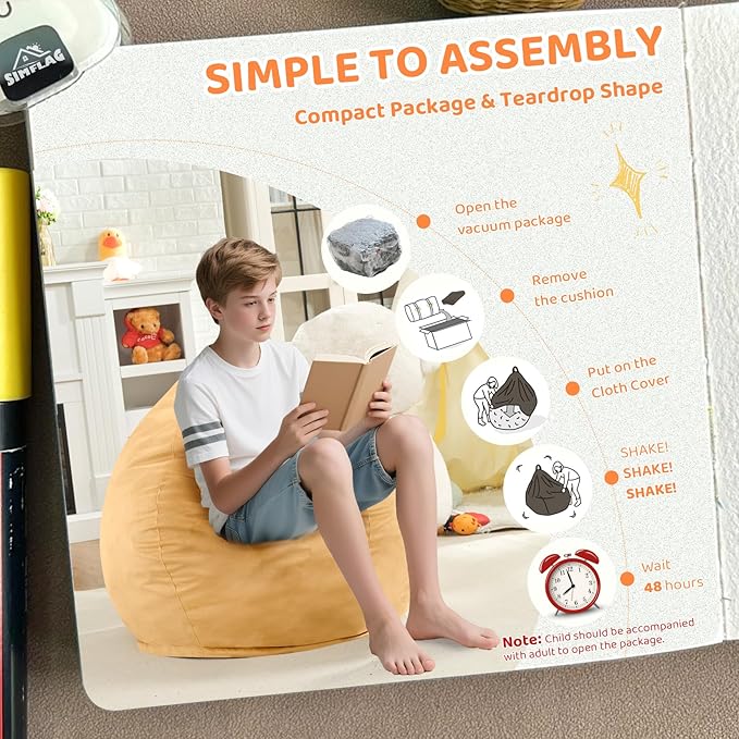 2FT Bean Bag Chair, Comfy Bean Bag Chairs with Memory Foam Filled, Fluffy Beanbag Sofa with Dutch Velvet Cover, Teardrop BeanBag Chairs for Living Room, Playroom - Mustard