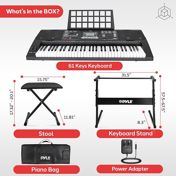 Pyle 61-Key Digital Karaoke Keyboard Piano β Portable Electronic Music Keyboard with Stand, Stool, Mic Input, Stereo Speakers, Record & Playback, Teaching Functions & Case Bag
