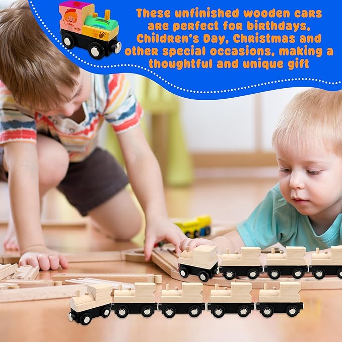 12 Pcs Wooden Trains Toys Unpainted Wood Train Cars Weak Magnetic Suction Paintable Wooden Railway for Kids Educational Toys Birthday Christmas Party Gifts (Style Set 1)