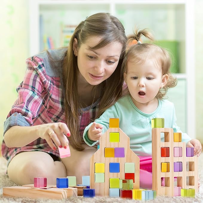 Wooden Building Blocks Set for Kids, 36 PCS Rainbow Acrylic Gem Cubes Blocks - 3 Wood House, Montessori Stacking Toy for Toddlers, Educational STEM Birthday Toys for Boys Girls 3-6