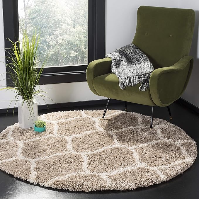 SAFAVIEH Hudson Shag Collection 11' Round Beige/Ivory SGH280S Moroccan Ogee Trellis Non-Shedding Living Room Bedroom Dining Room Entryway Plush 2-inch Thick Area Rug