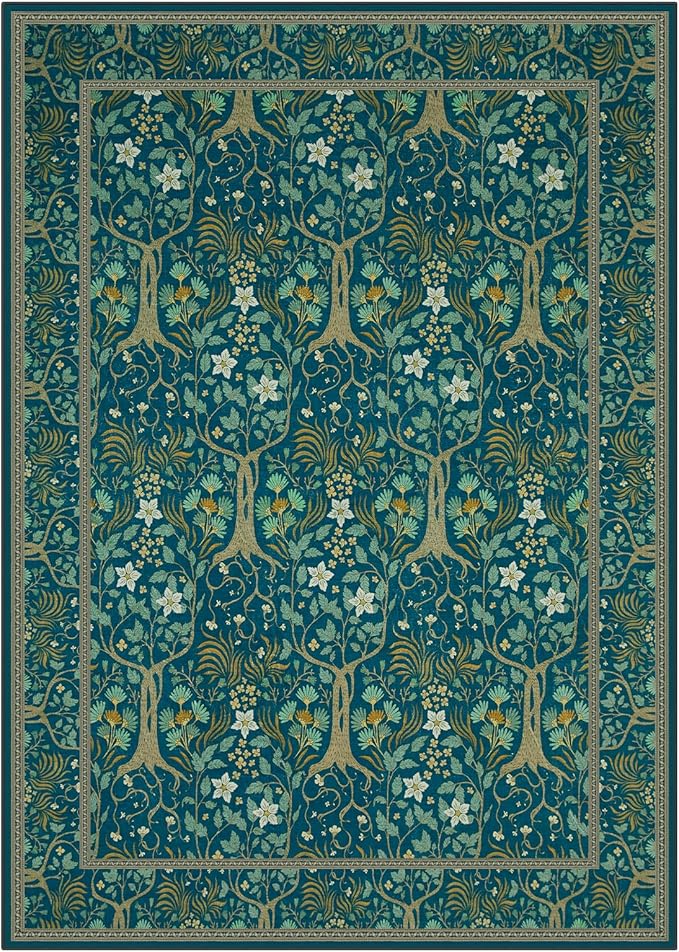 Joydeco Washable Large Area Rug 8x10, Boho Floral Rugs for Living Room Non Slip, Soft Low-Pile Botanical Forest Indoor Floor Throw Carpet for Dining Home Office Playroom, Dark Blue