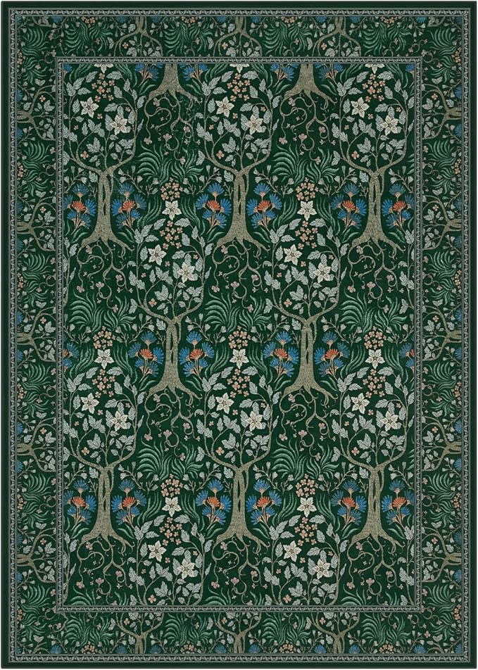 Joydeco Floral 5x7 Area Rugs for Living Room, Boho Dark Green Washable Rug Non Slip, Soft Low-Pile Botanical Forest Indoor Floor Throw Carpet for Office Dining Table Playroom Dorm