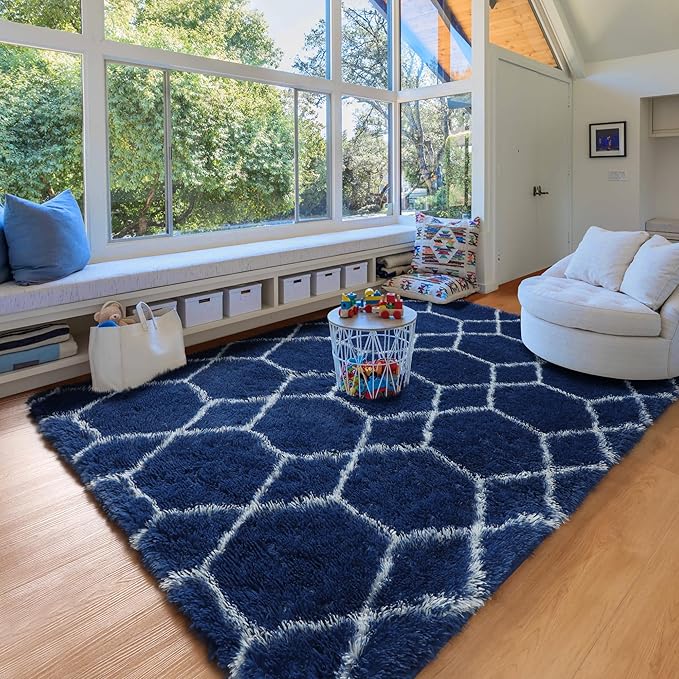 ONASAR Large 6x9 Area Rugs for Living Room, Fluffy Geometric Navy and White Rug for Boys Bedroom Home Decor Aesthetic, Soft Shaggy Plush Floor Carpet for Girls Teen Nursery Playroom Office Dorm