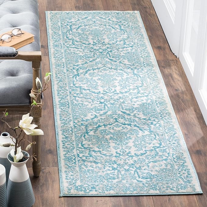 SAFAVIEH Evoke Collection 2'2" x 13' Ivory / Light Blue EVK242C Non-Shedding Living Room Bedroom Runner Rug