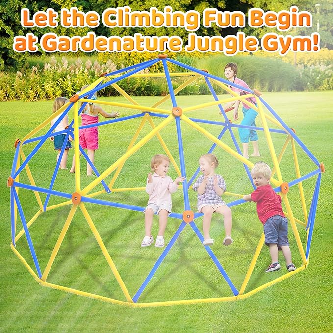 Gardenature 10FT Climbing Dome, Outdoor Jungle Gym for Kids, Geometric Dome Climber Supporting 880 Lbs Anti-Rust Metal Outdoor Play Structure ASTM Approved Blue & Yellow