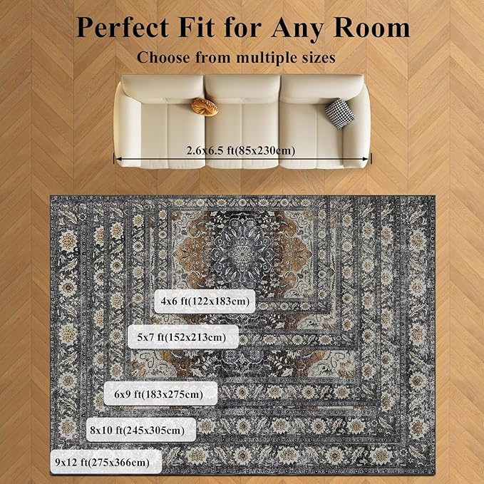 Washable Rugs 5x7 Area Rugs for Living Room, Thin Carpet for Bedroom, Soft Faux Wool Retro Dining Room Rug,Non Slip&Non-Shedding Resistant Low Pile Vintage Print Rug for Home Office (Tan/Gray)