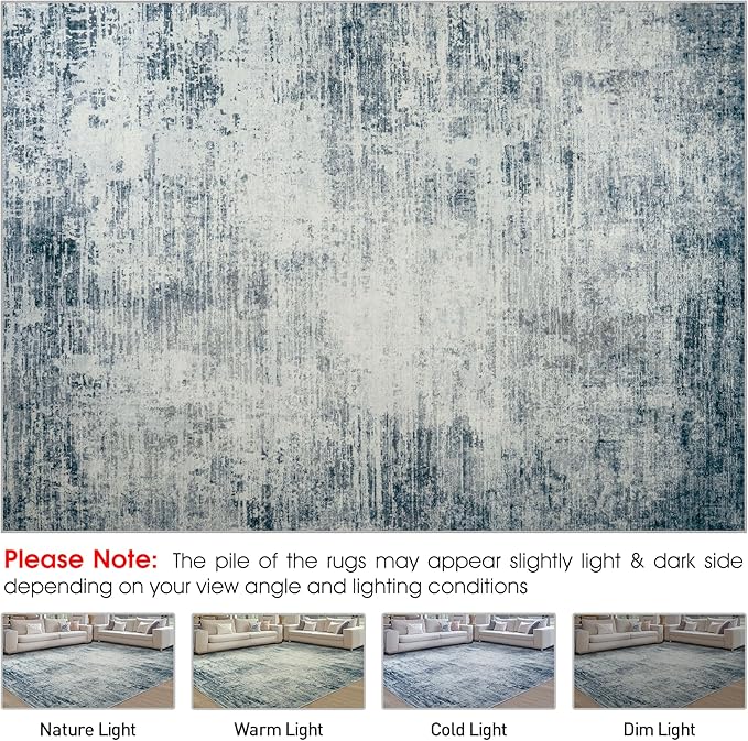 Washable Rug 6x9 Area Rugs, Abstract Washable Rugs with Non-Slip Backing, Stain Resistant Indoor Floor Carpet for Bedroom Dining Room Table Nursery Hallway Home Office-Blue/Ivory