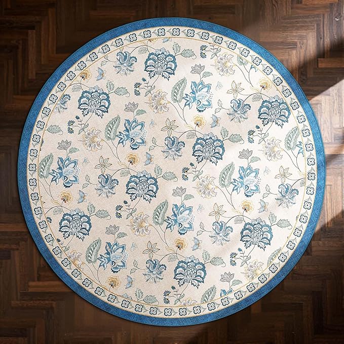 jinchan 4ft Floral Round Rug for Entryway Washable Kitchen Rug Vintage Romance Design Non Slip Indoor Doormat Lightweight Low-Profile Throw Carpet for Living Room Dining Room Bedroom, Blue/Beige