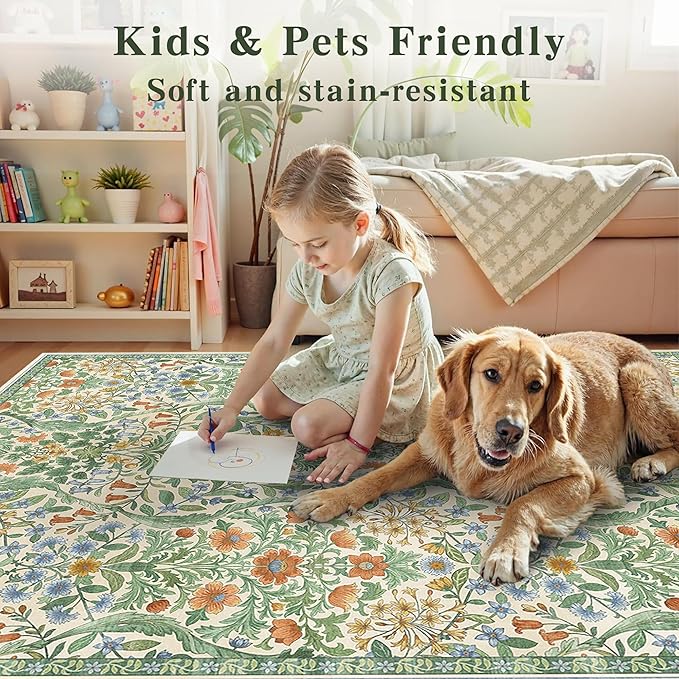 2x6 Washable Runner Rug,Grass Green Floral Boho Area Rug for Hallway,Low-Pile Non-Slip Stain Resistant Carpet for Kitchen, Bedside,Laundry Room,Entryway
