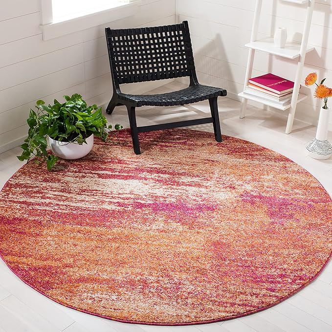 SAFAVIEH Evoke Collection 6'7" Round Ivory / Orange EVK272P Modern Abstract Non-Shedding Dining Room Entryway Foyer Living Room Bedroom Area Rug
