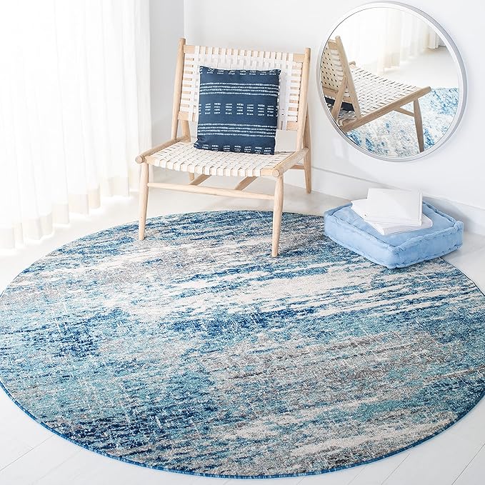SAFAVIEH Evoke Collection 6'7" Round Light Blue/Grey EVK272M Modern Abstract Non-Shedding Living Room Bedroom Area Rug
