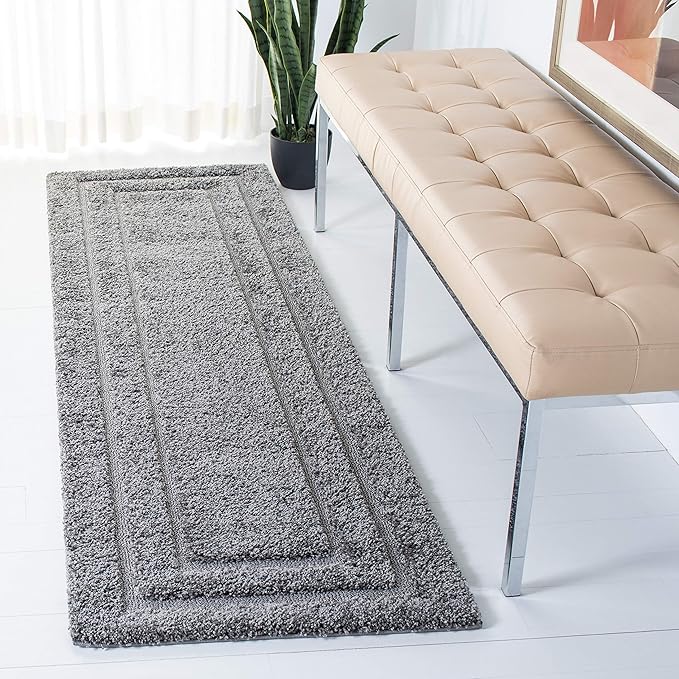 SAFAVIEH Florida Shag Collection Runner Rug - 2'3" x 13', Grey & Grey, Border Design, Non-Shedding & Easy Care, 1.2-inch Thick Ideal for High Traffic Areas in Living Room, Bedroom (SG454-8080)