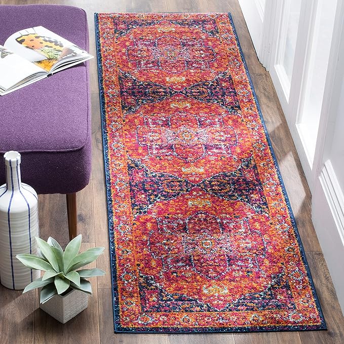 SAFAVIEH Evoke Collection 2'2" x 13' Fuchsia / Orange EVK275S Oriental Medallion Distressed Non-Shedding Living Room Bedroom Runner Rug