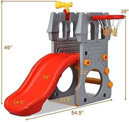 Costzon Toddler Slide Playground Climber Set, 5 in 1 Slide for Kids with Basketball Hoop, Telescope, Crawl Through Space, Easy Climb Stairs, Kids Large Slide Playset Gift for Both Indoor Outdoor Use