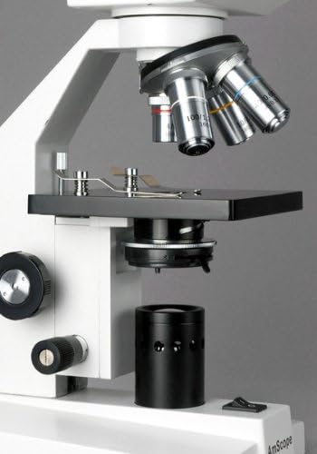 AmScope B100-3M Digital Compound Binocular Microscope, 40X-1000X Magnification, Brightfield, Tungsten Illumination, Abbe Condenser, Plain Stage, Includes 3MP Camera with Reduction Lens and Software