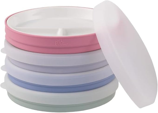 Elk and Friends Kids 7.8” Porcelain Divided Plates with Silicone Sleeves + Lids | Suitable for Babies/Kids/Toddlers | Microwave & Dishwasher Safe | Non Slip | Snack Dishes