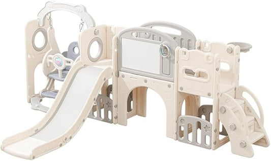 12 in 1 Toddler Outdoor Playset with Swing, Indoor Swing and Slide Set Playground for Toddlers 1-3, Durable Climber Basketball Hoop Ball Toddler Indoor Playset for Home Playground-White Grey