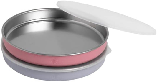 Elk and Friends 7.8” Stainless Steel Non Divided Plates with Silicone Sleeve + Storage Lid | Baby, Toddler, Kids | Dishwasher Safe | Dinner & Snack Plates | 2 Pack
