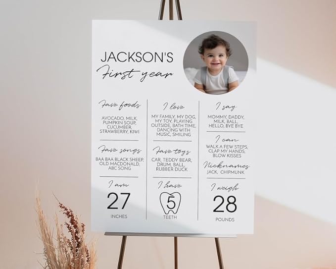 Generic Personalized First Birthday Milestone Poster, Modern 1St Birthday Milestone Sign, My First Year Baby Milestone Board, Design 011