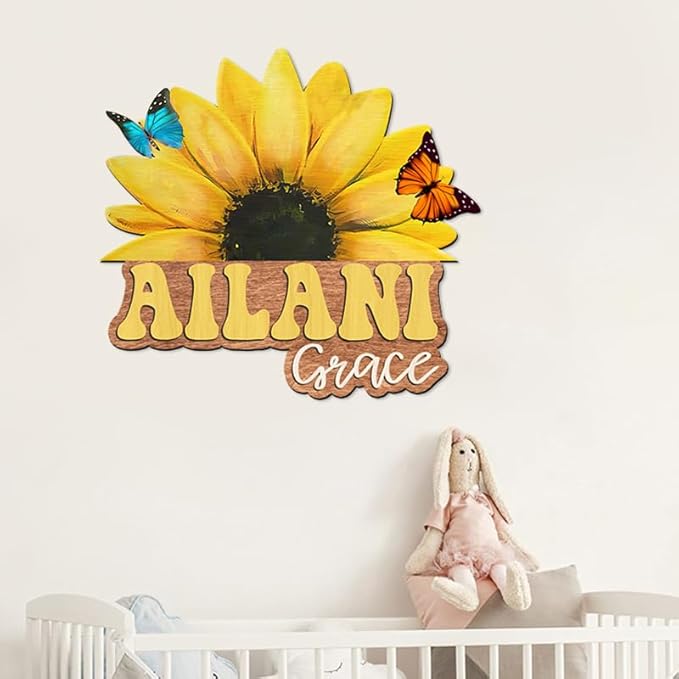 Custom Wooden Sunflower Nursery Name Sign for Girls, Boho Nursery Wood 2 Layer, Baby Name Sign, Baby Shower, Decor Floral, Flower gift/17