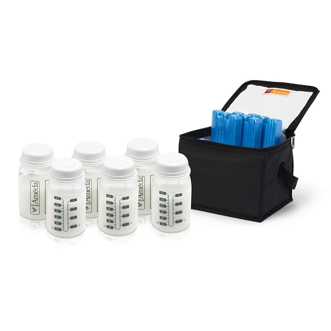 Ameda MYA Cool N Carry Portable Breast Milk Cooler Bag | Breastmilk Storage | Includes Insulated Cooler Bag, 3 Freezer Packs & 6 Breast Milk Storage Bottles